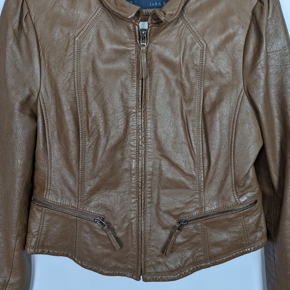 ZARA Basic XL Lambs Leather Brown Tan Moto Jacket Coat Crop Zipper Sleeves - Picture 4 of 9